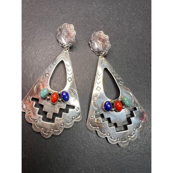 Vintage Navajo Joe Delgarito Sterling Silver Lapis Coral Turquoise Earrings - Picture 8 of 16